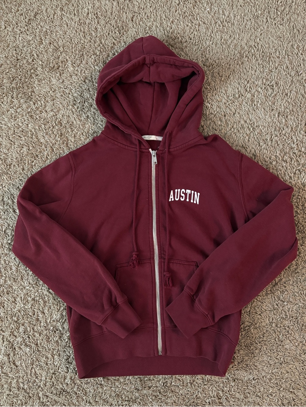 Brandy Melville Austin Tx burgundy zip up hoodie with white lettering #austin